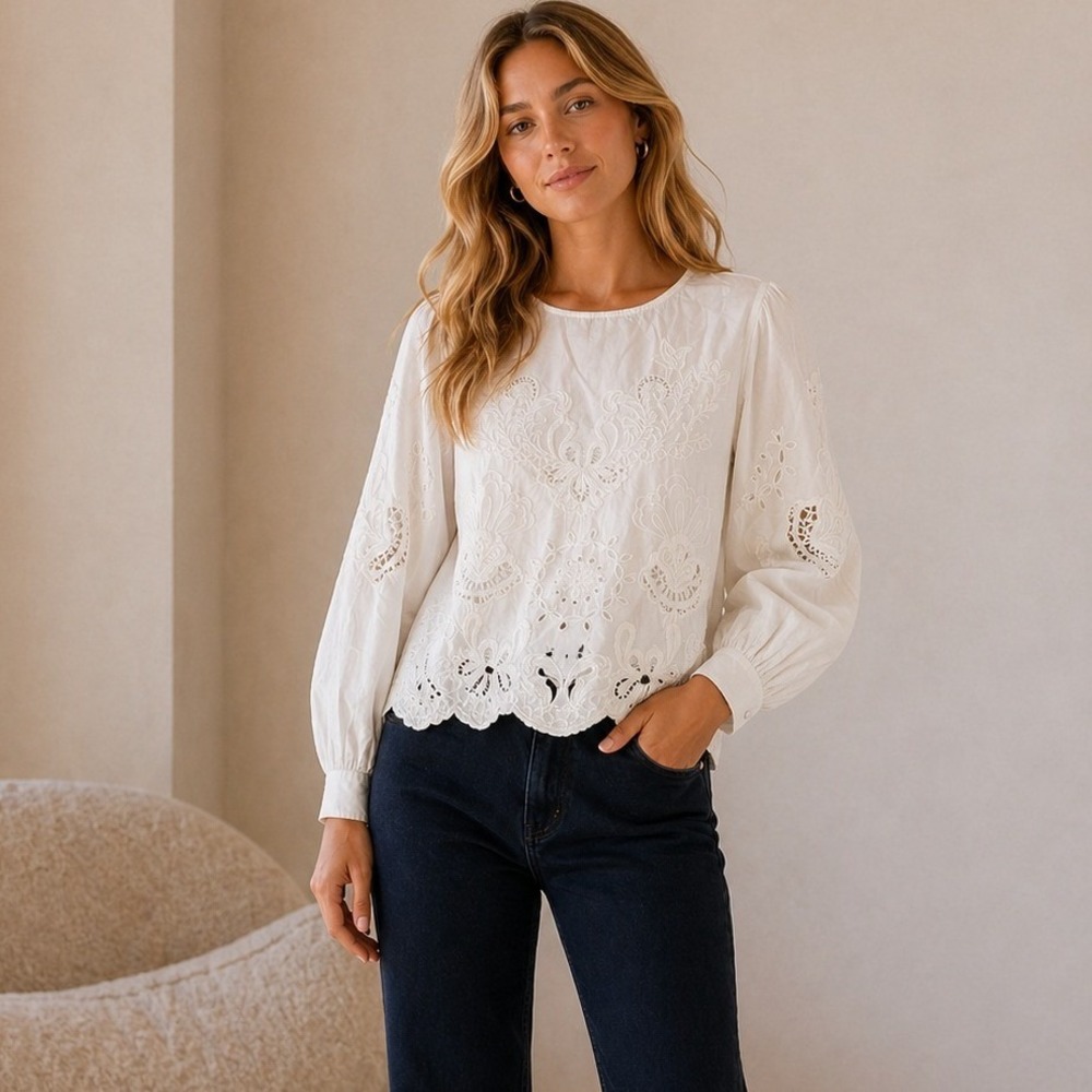 Vince Camuto Blouse Womens XXL Ivory Embroidered Eyelet Puff Sleeve Boho